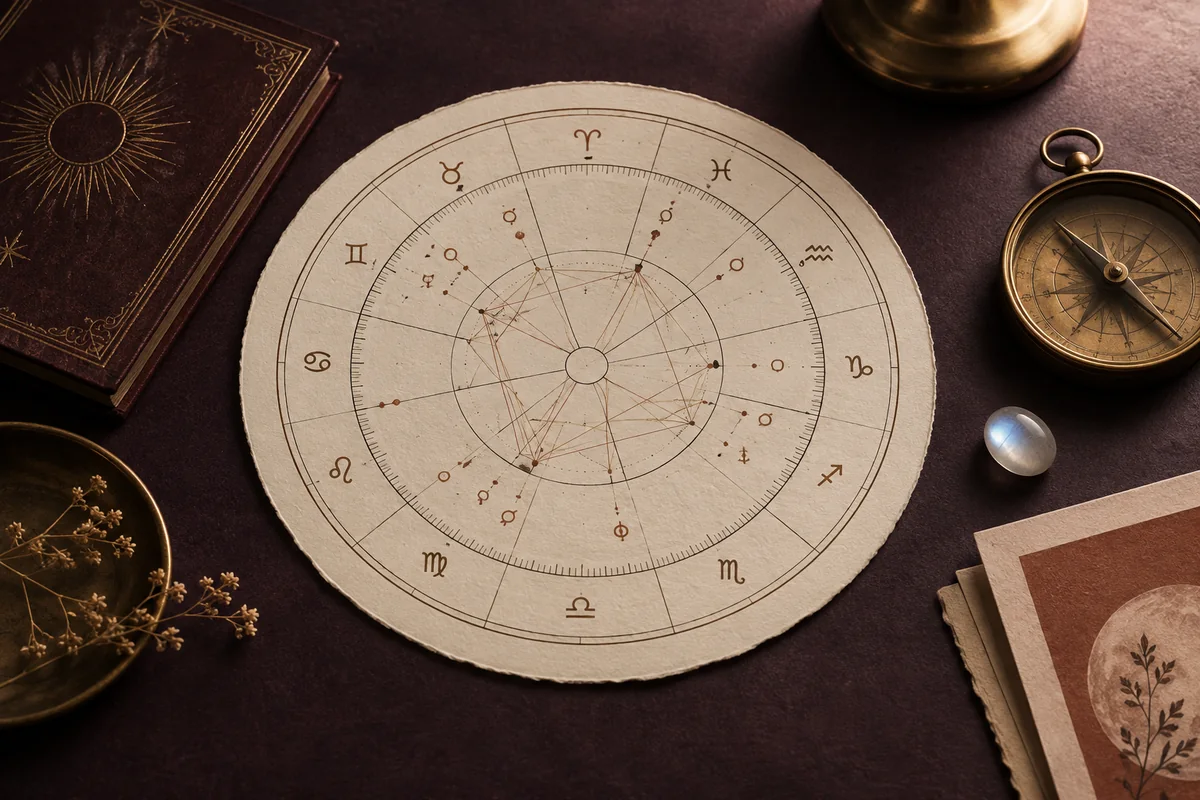 A natal chart, brass compass, and moonstone arranged on an aubergine desk