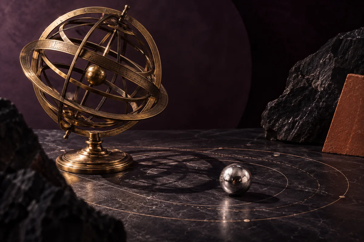 An antique brass armillary with a silver orb