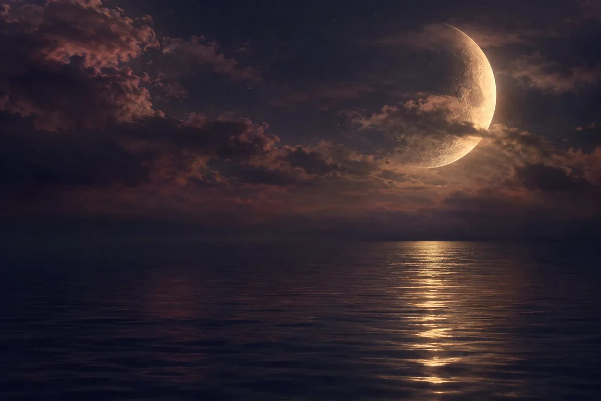 A luminous crescent moon reflected in still dark water
