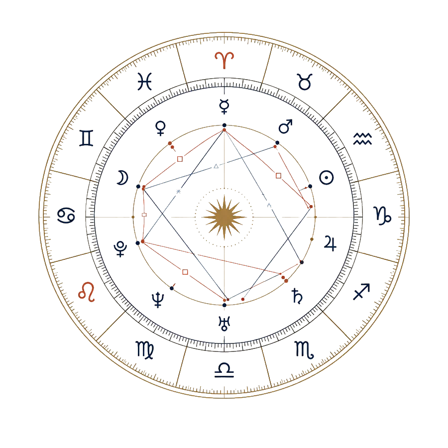 Intricate gold and ink natal chart wheel